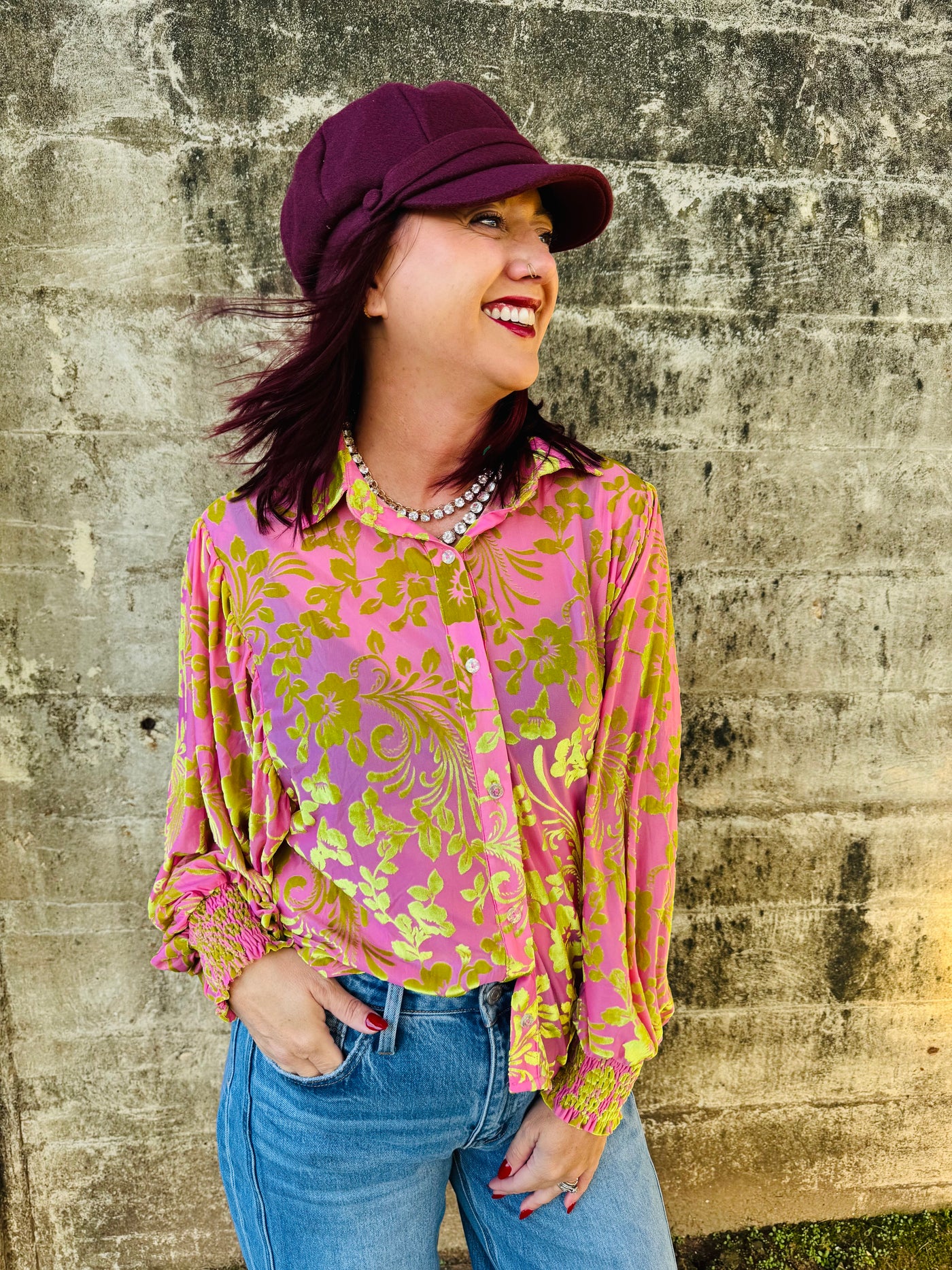 Pink & Green Velvet Top