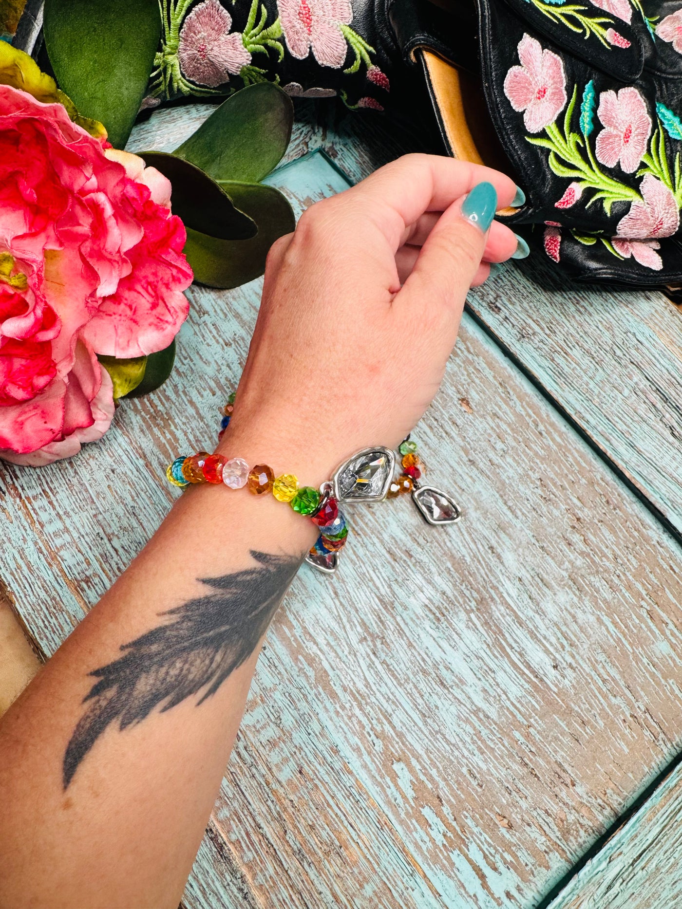 Multi Colored Crystal Bracelet with Charm