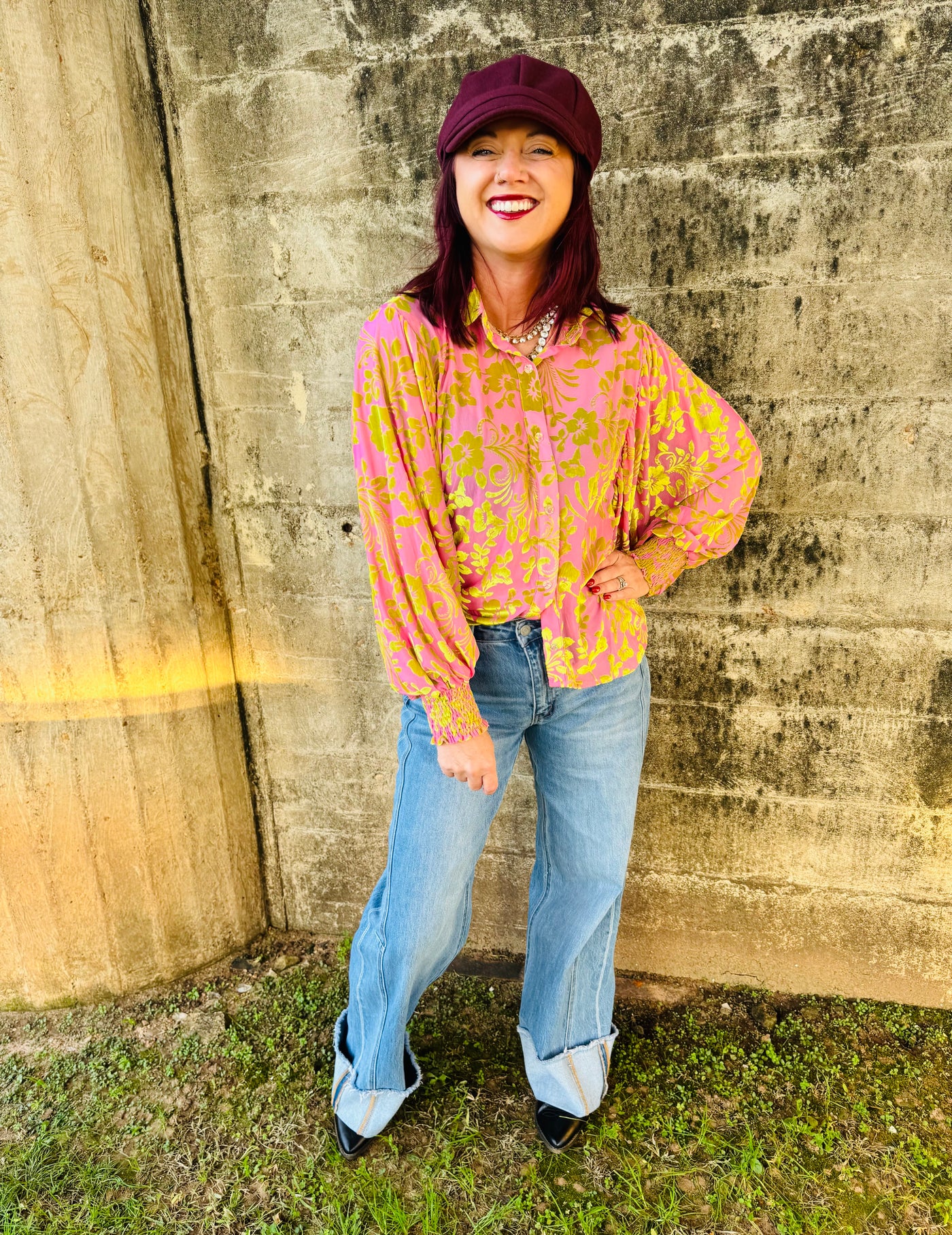 Pink & Green Velvet Top