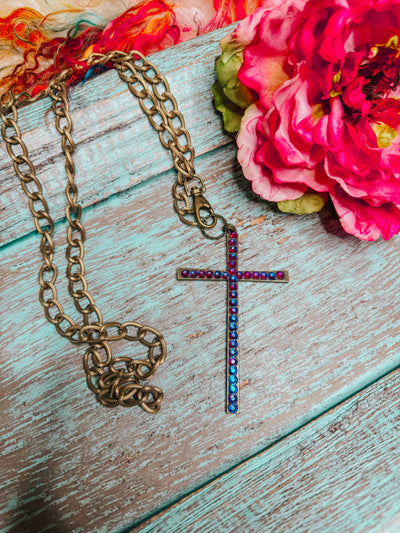 Pink & Blue Rhinestone Cross Necklace