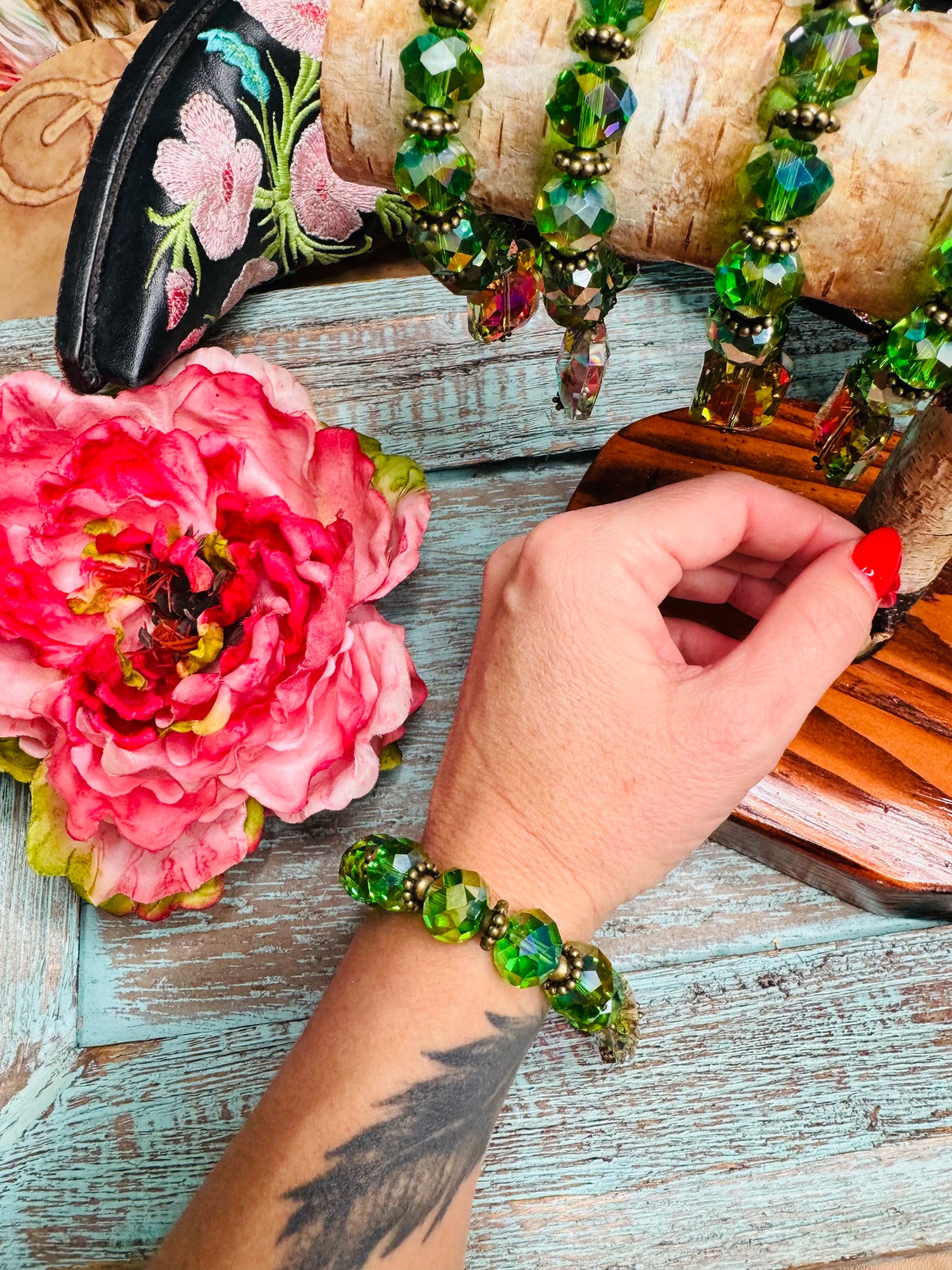 Green Crystal Bracelet with Charm