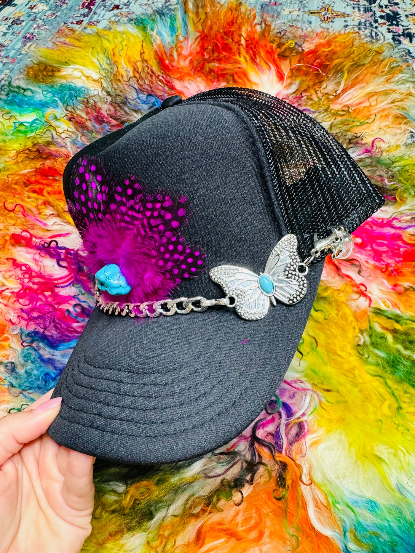 3D Black & Pink Feathered Trucker Hat