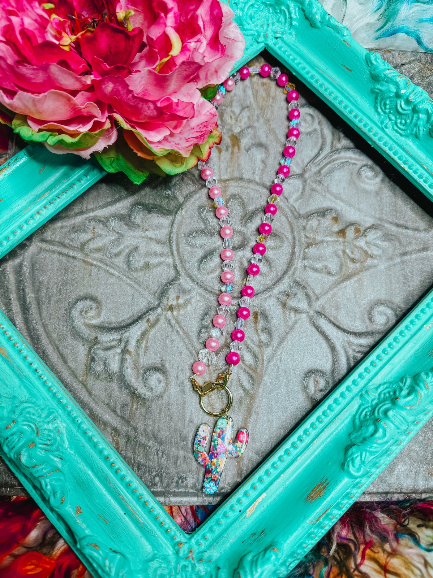 3D Pink Cactus Beaded Necklace