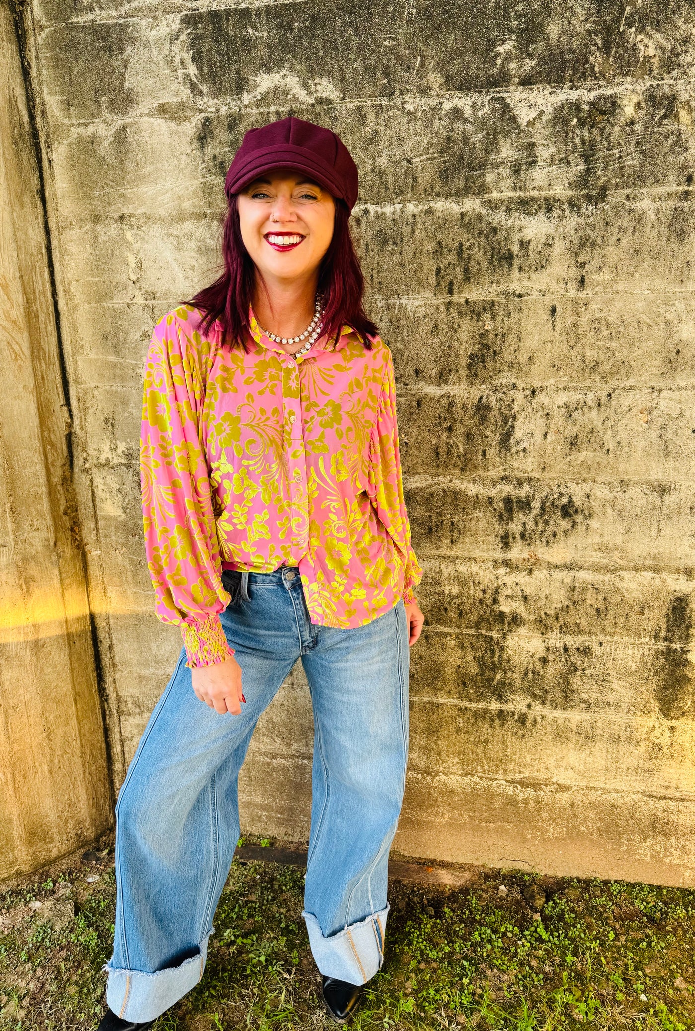 Pink & Green Velvet Top