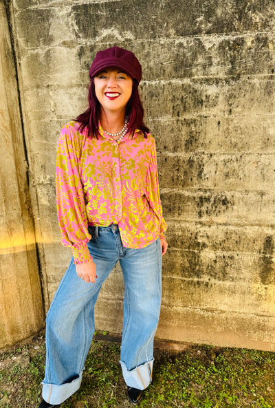 Pink & Green Velvet Top