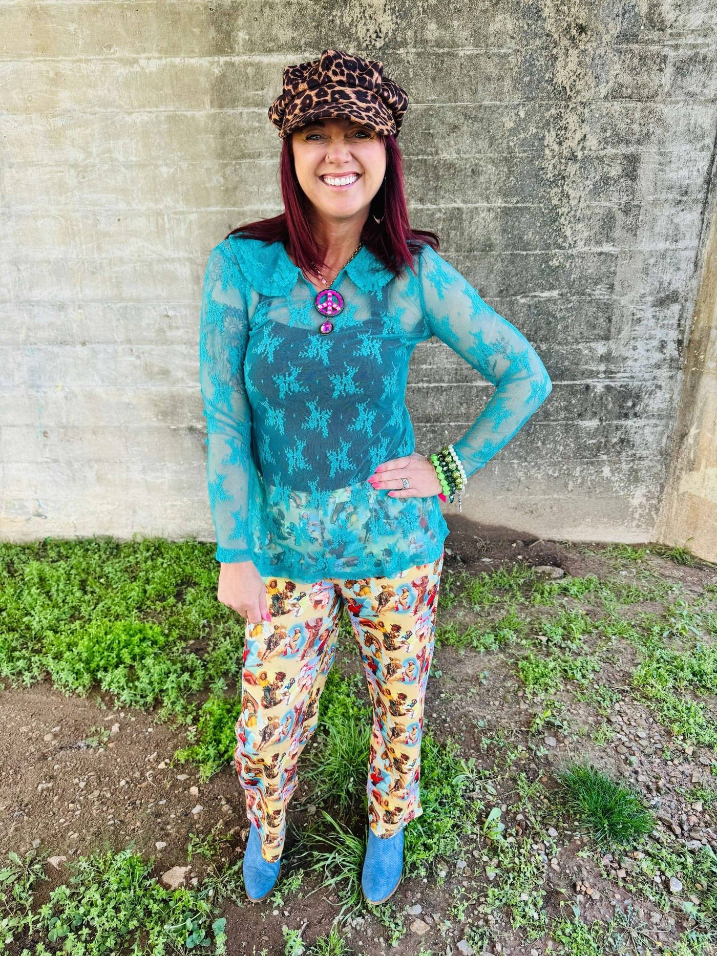 Turquoise Collared Lace Mesh Top