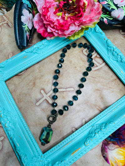 Dark Turquoise Crystal Necklace with Charm