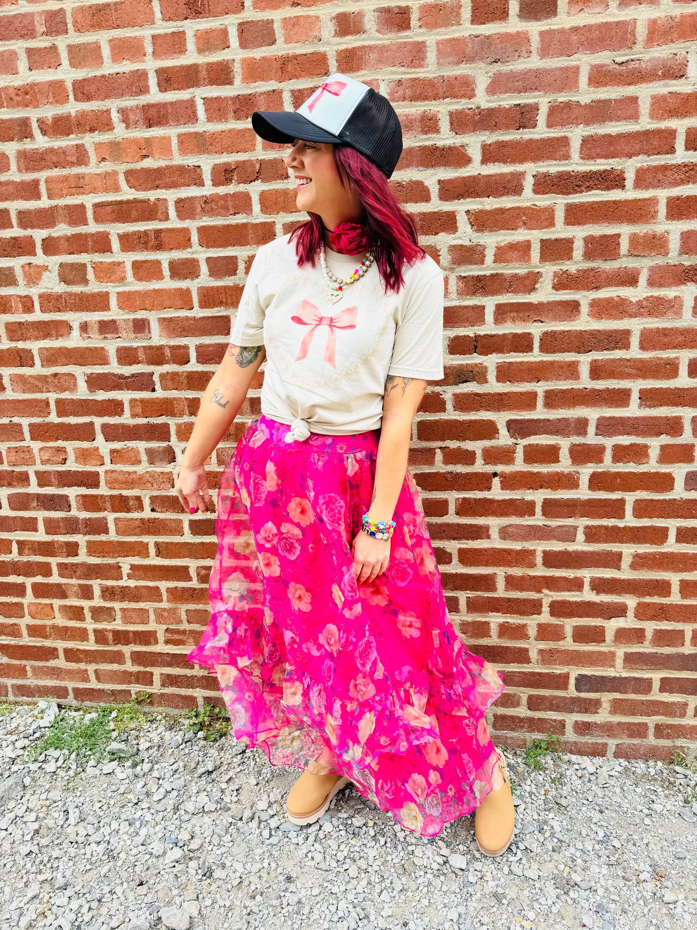 Pink Floral Ruffled Skirt