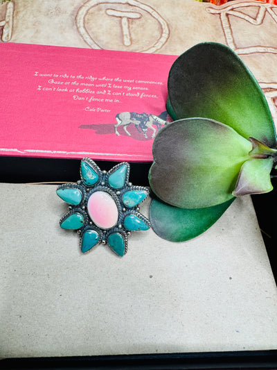 Turquoise & Pink Conch Shell Ring