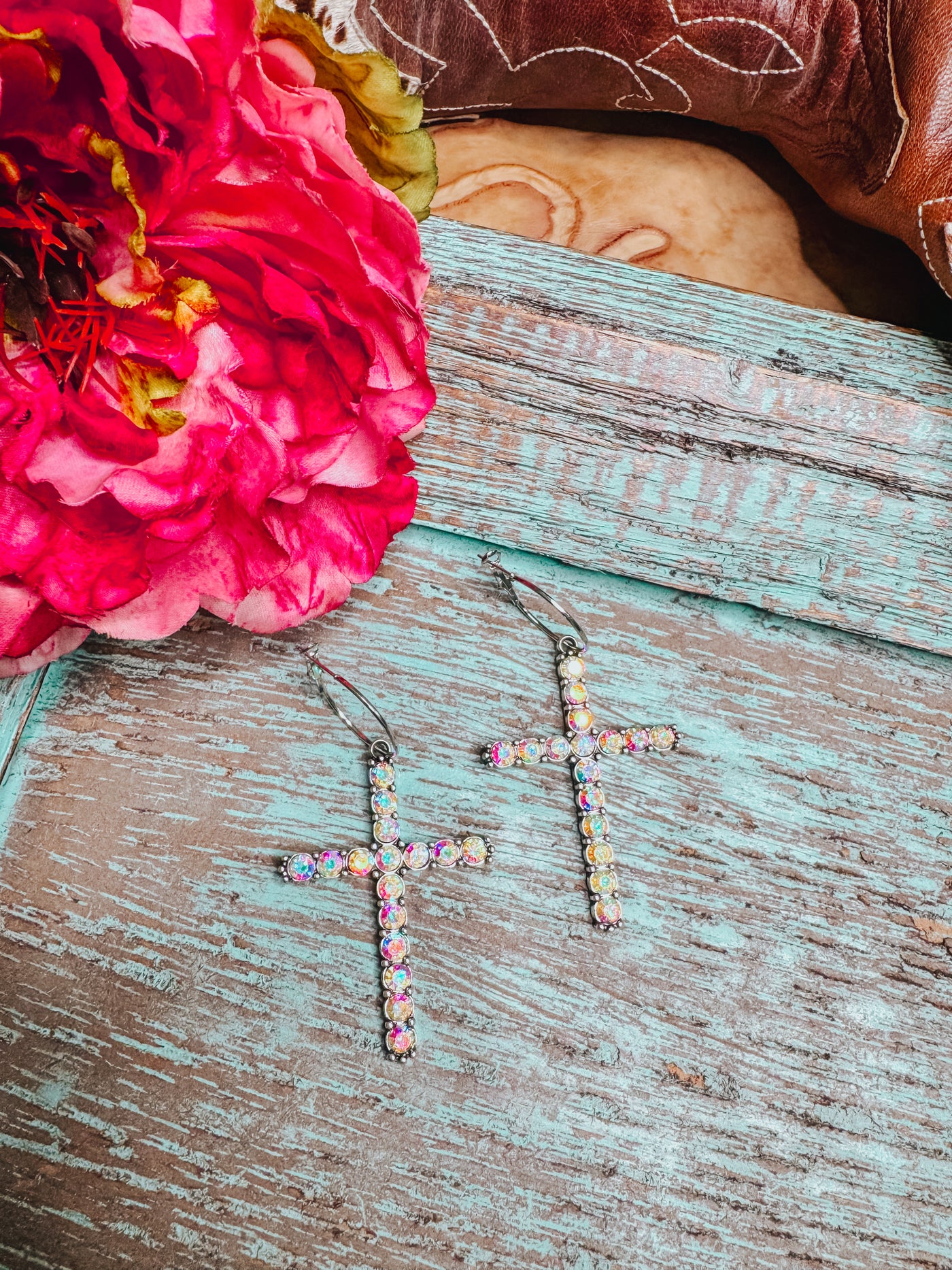 Rhinestone Dangle Cross Earrings