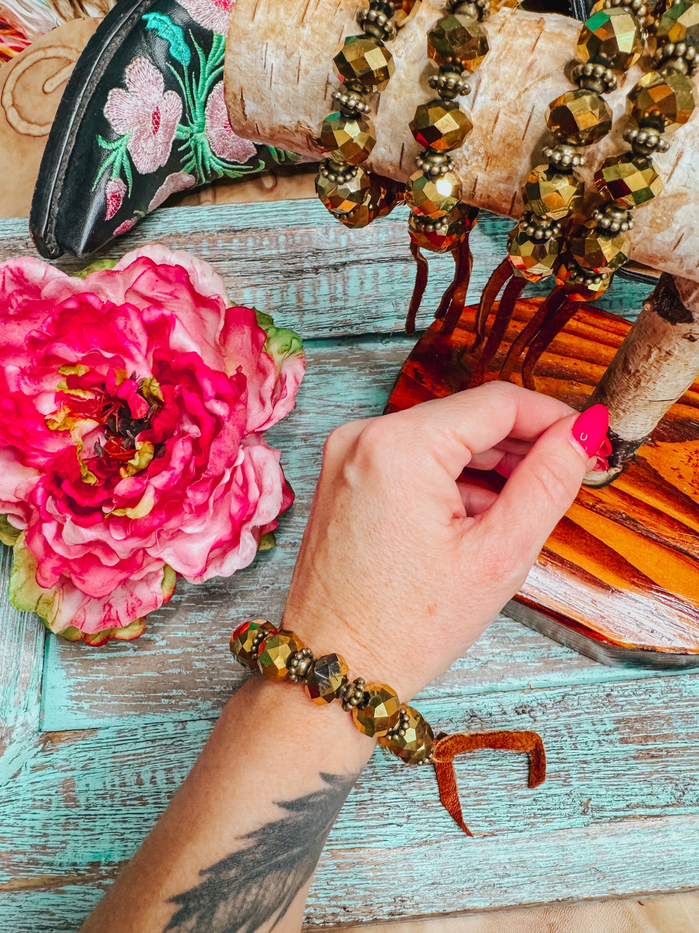 Gold Crystal Bracelet with Leather