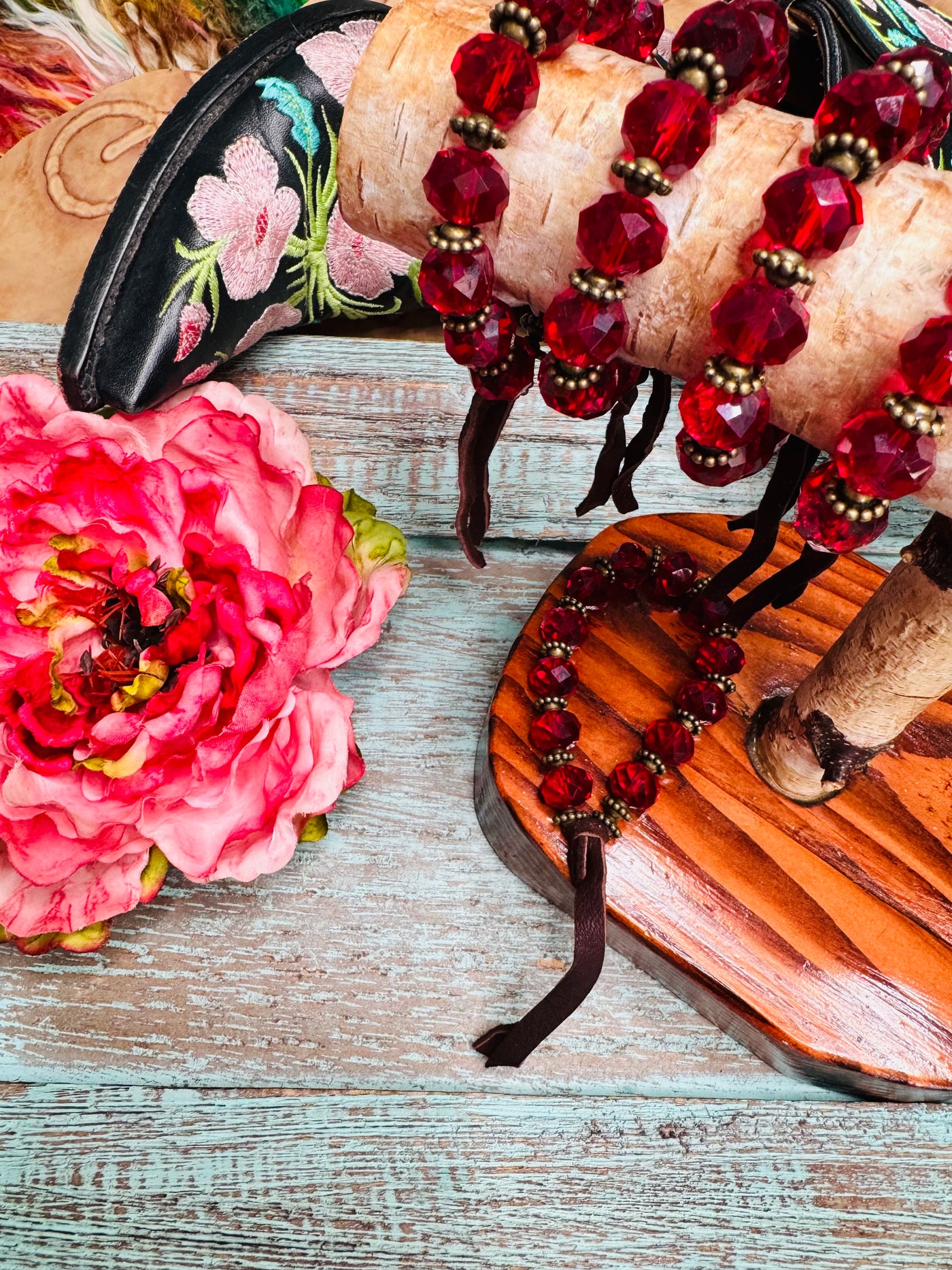 Red Crystal Bracelet with Leather