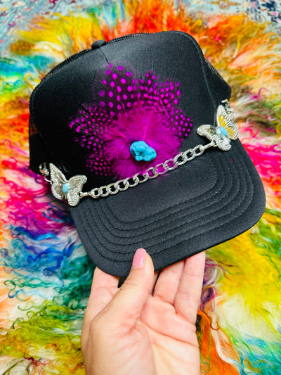 3D Black & Pink Feathered Trucker Hat