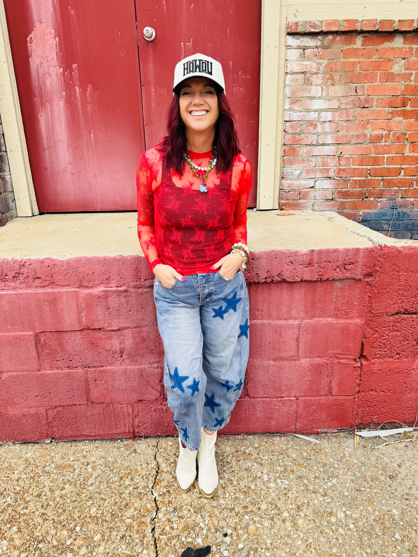 Red Lace Mesh Top