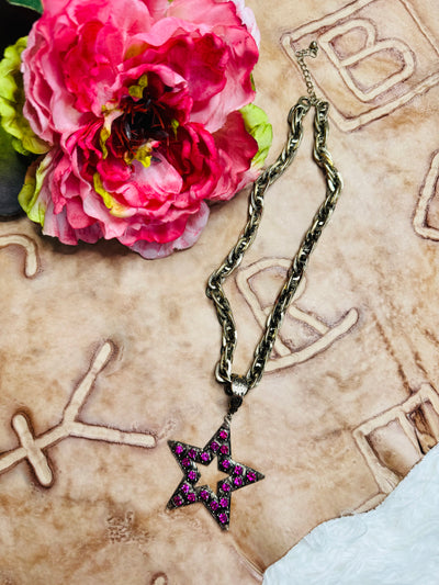 Pink Rhinestone & Gold Star Necklace