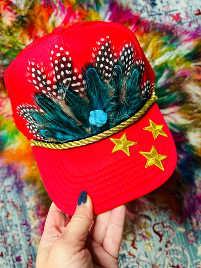 3D Starry Feathered Red Trucker Hat