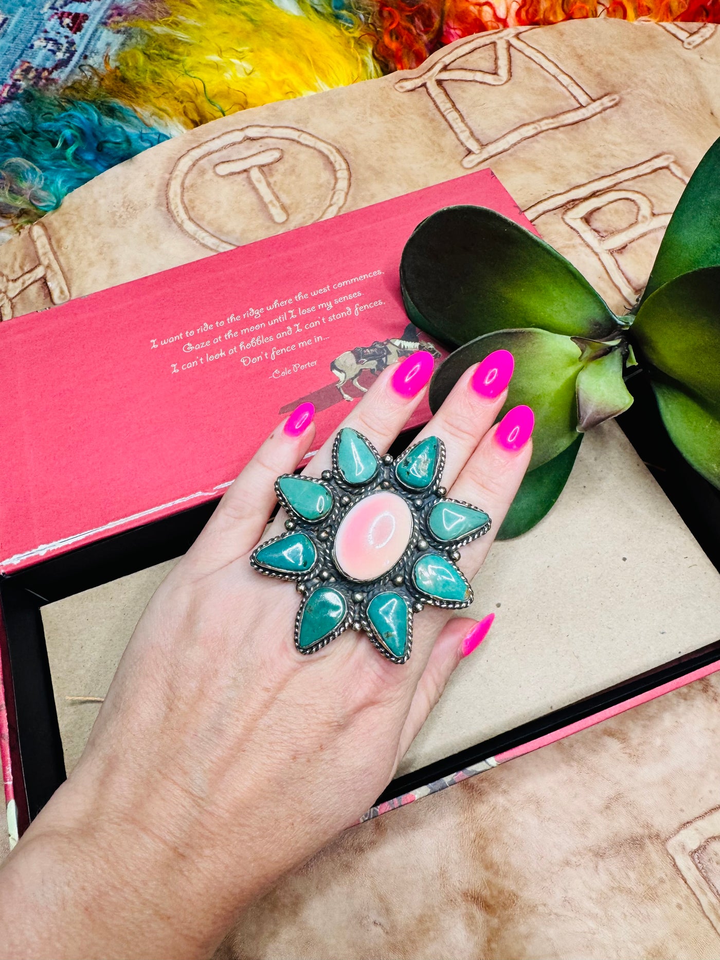 Turquoise & Pink Conch Shell Ring