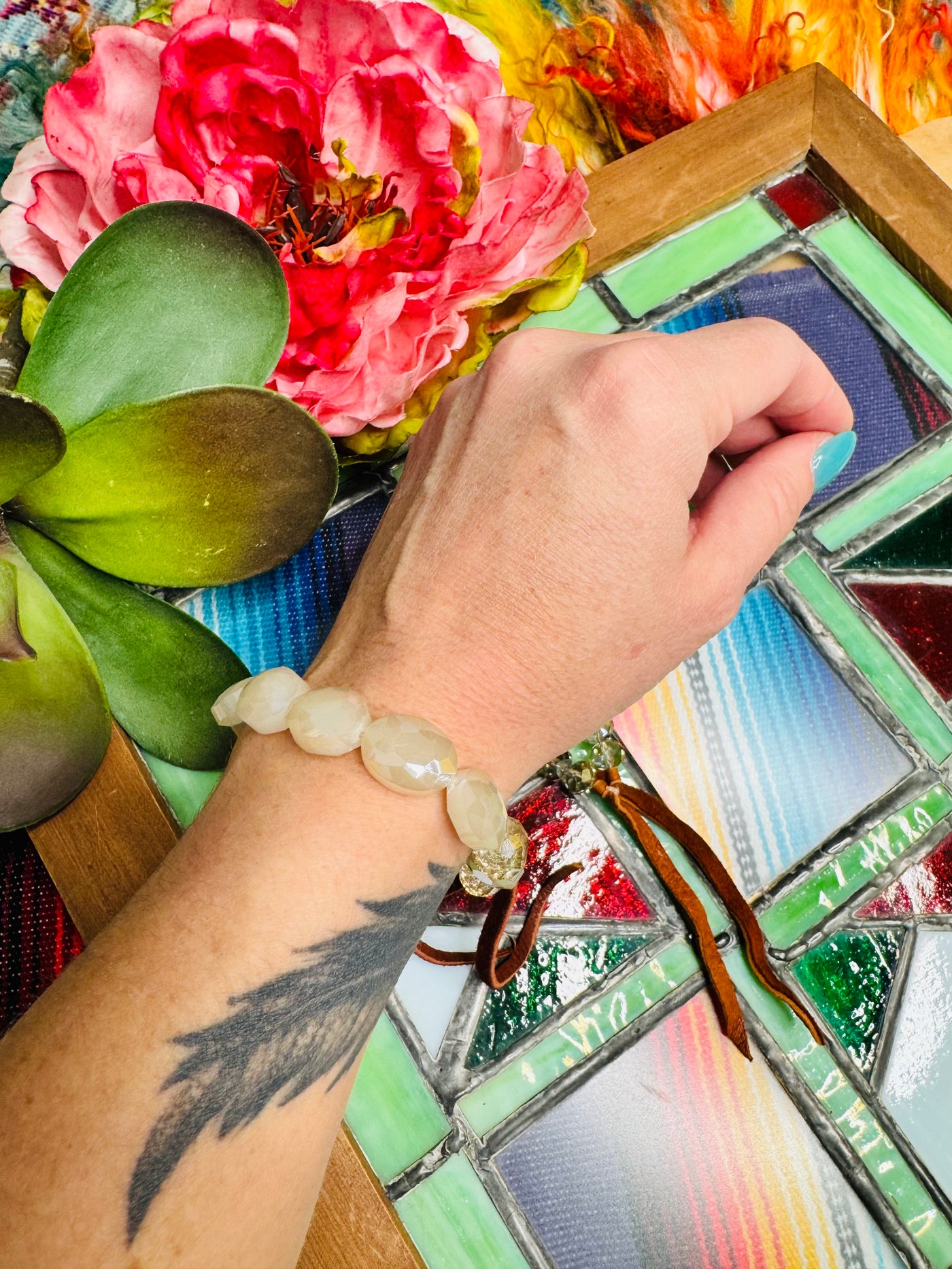 Cream Crystal Bracelet with Leather