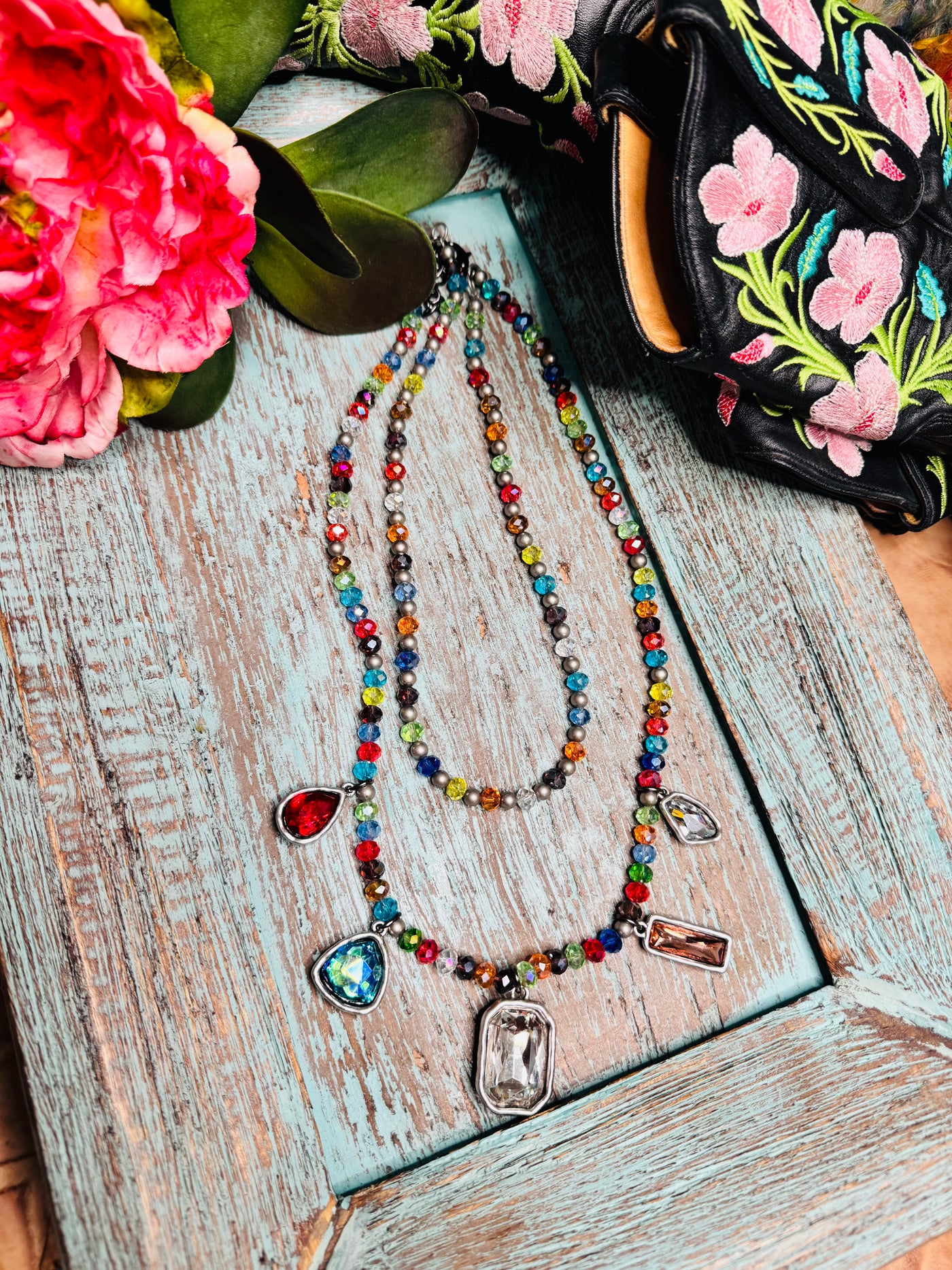 Multi Colored Crystal Necklace with Charms