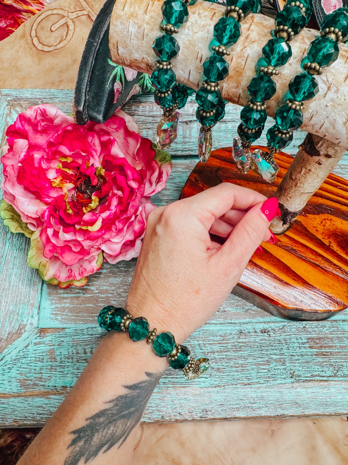 Dark Turquoise Crystal Bracelet with Charm