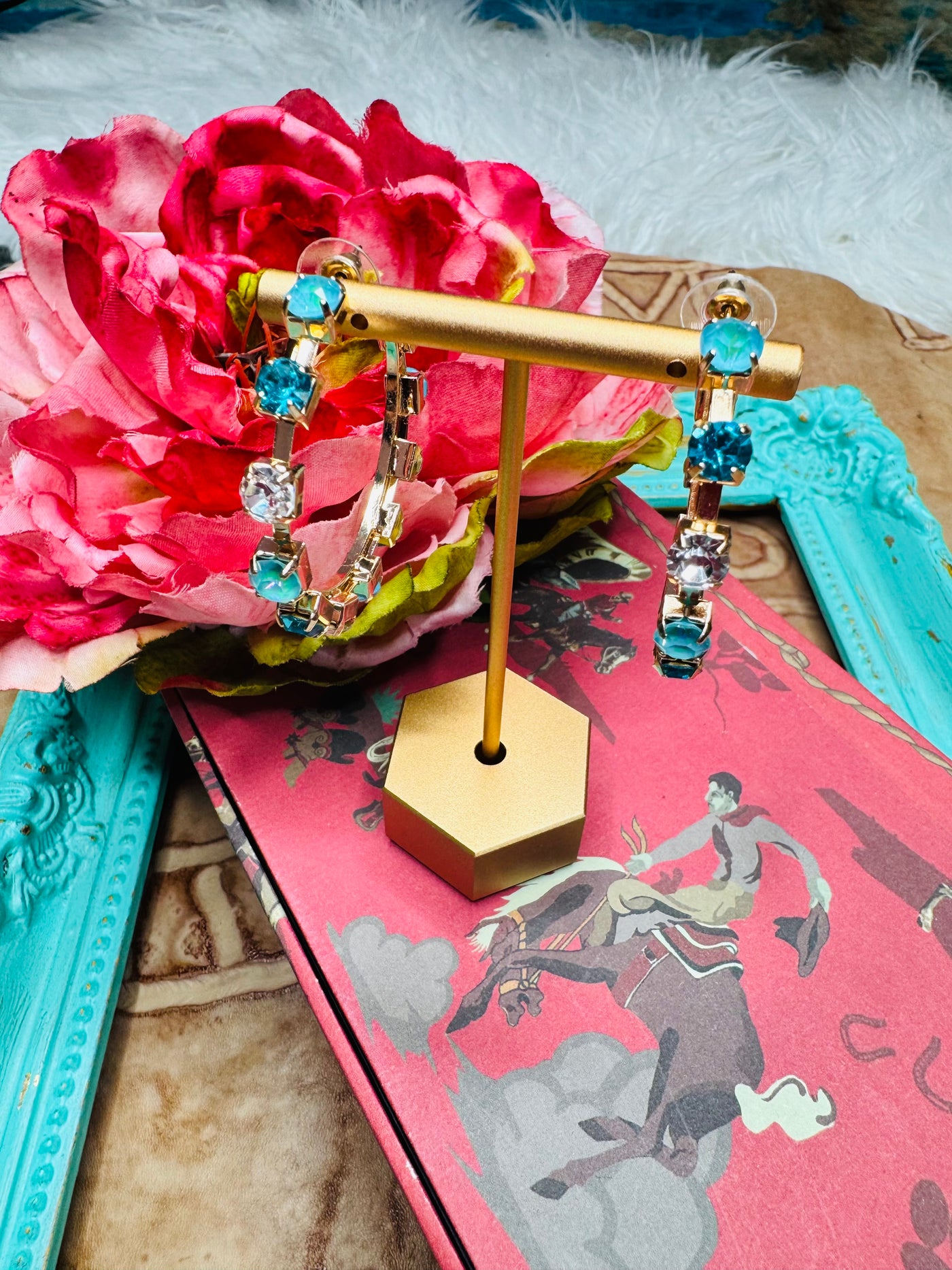 Turquoise Rhinestone Hoops