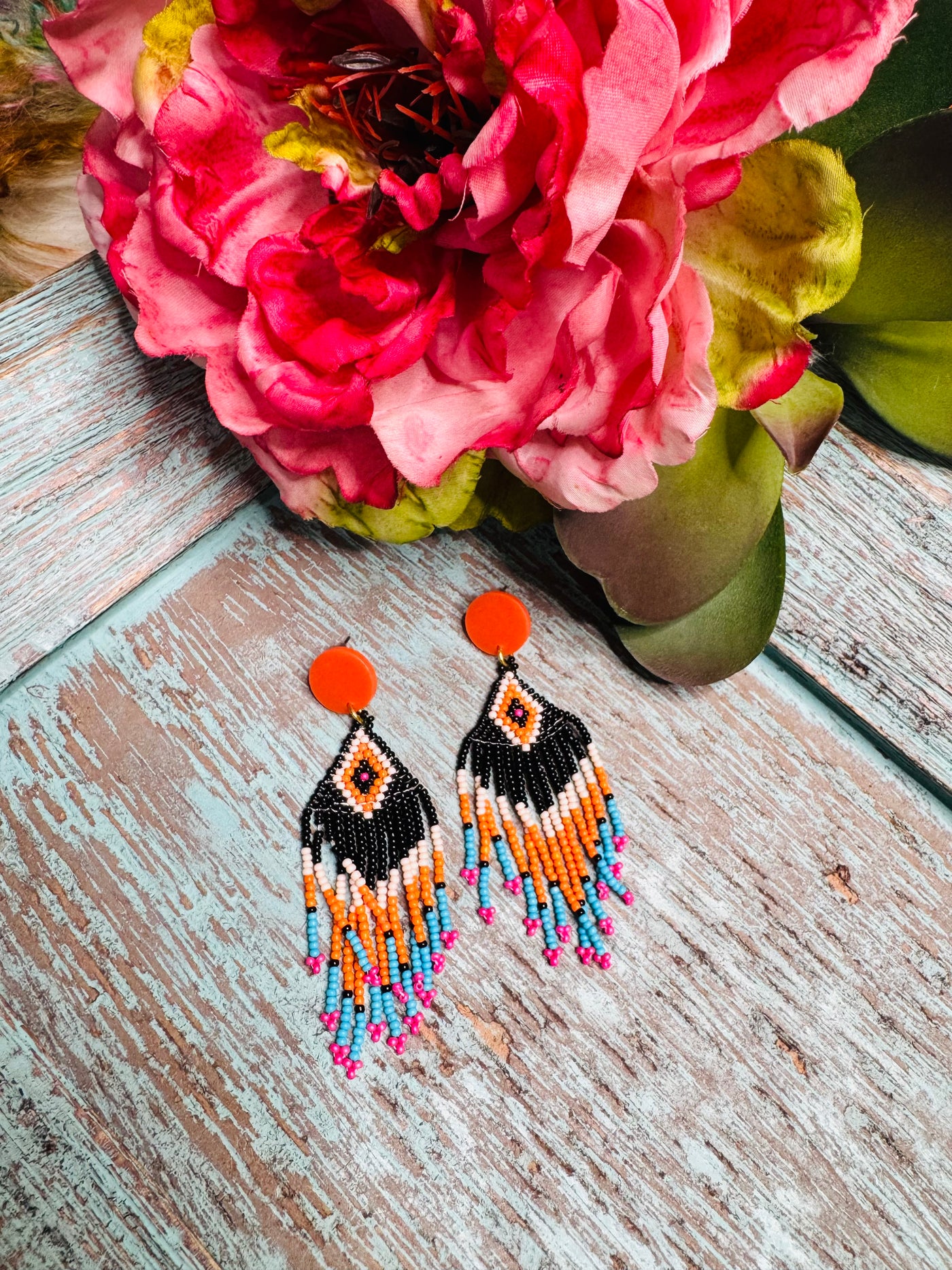 Orange Aztec Seed Bead Earrings