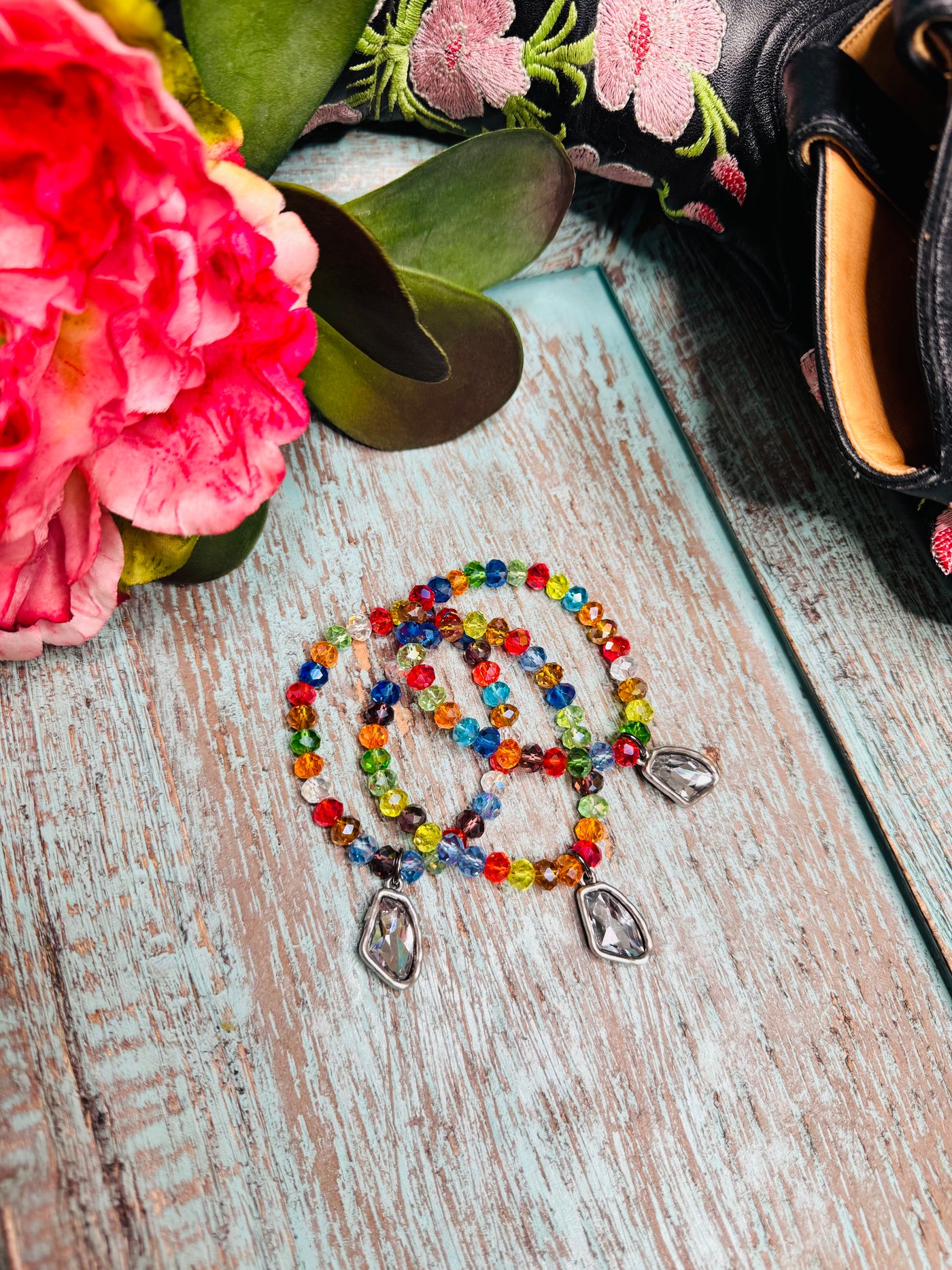 Multi Colored Crystal Bracelet with Charm