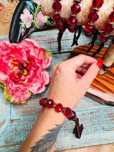 Red Crystal Bracelet with Leather