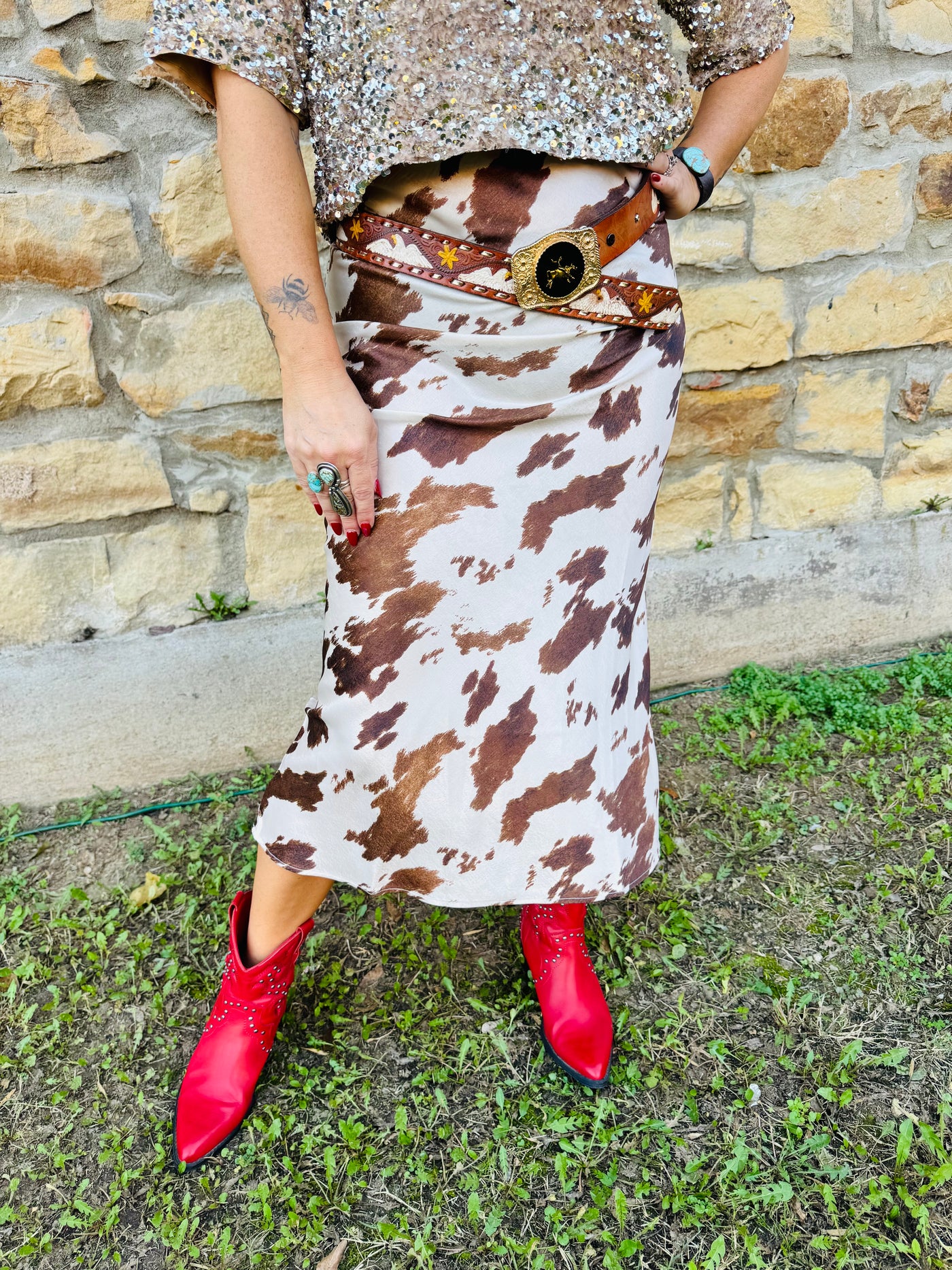 Cow Print Satin Skirt