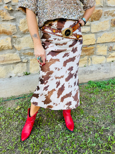 Cow Print Satin Skirt