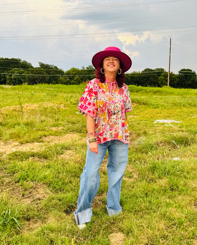 Pink Floral Woven Top
