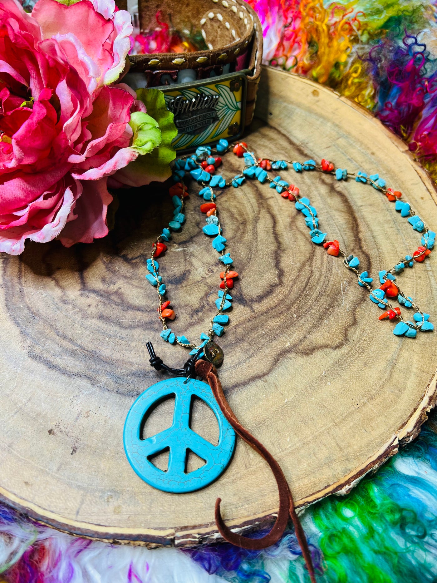 Turquoise & Orange Peace Necklace