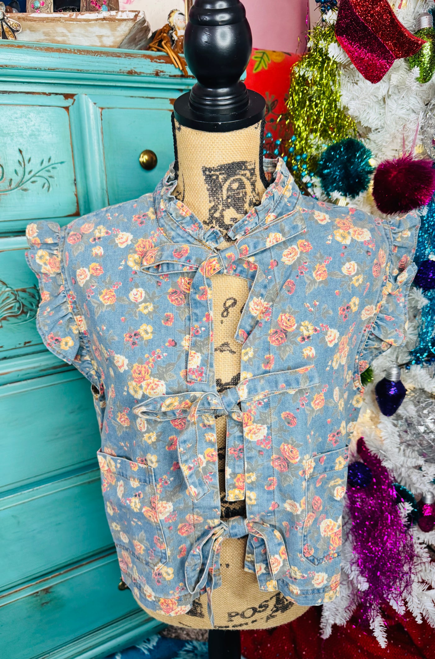Denim Floral Tie Vest