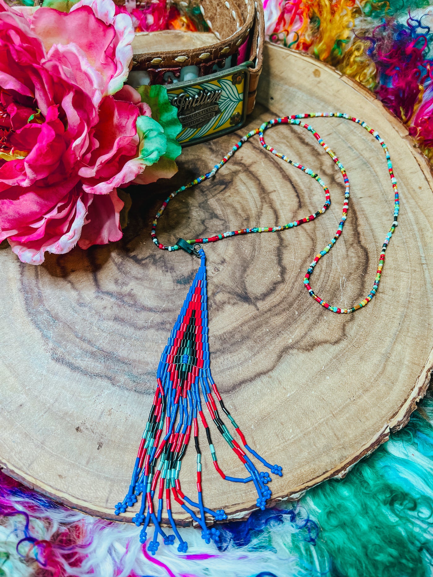 Blue & Red Aztec Beaded Necklace