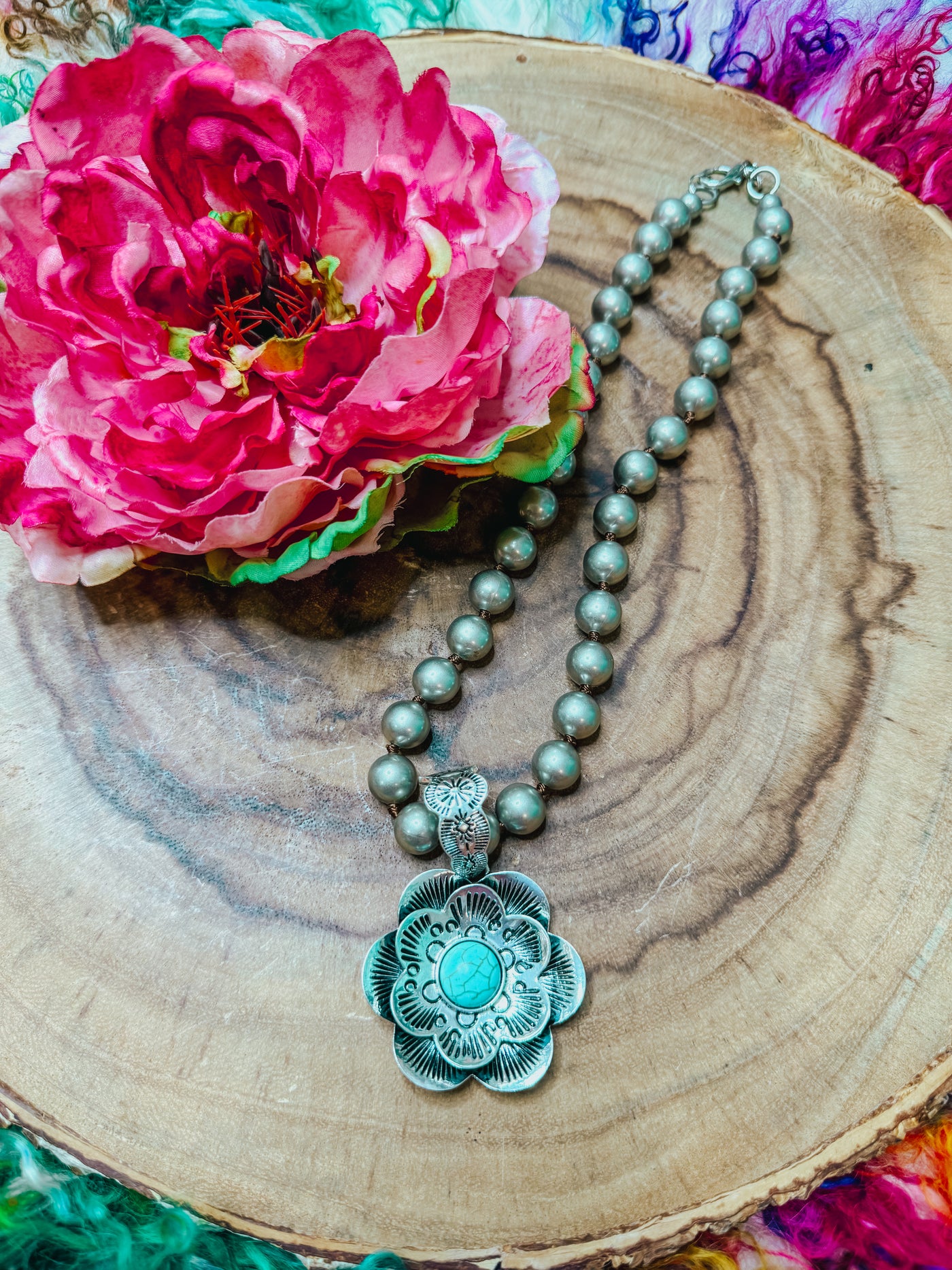 Turquoise & Silver Flower Necklace