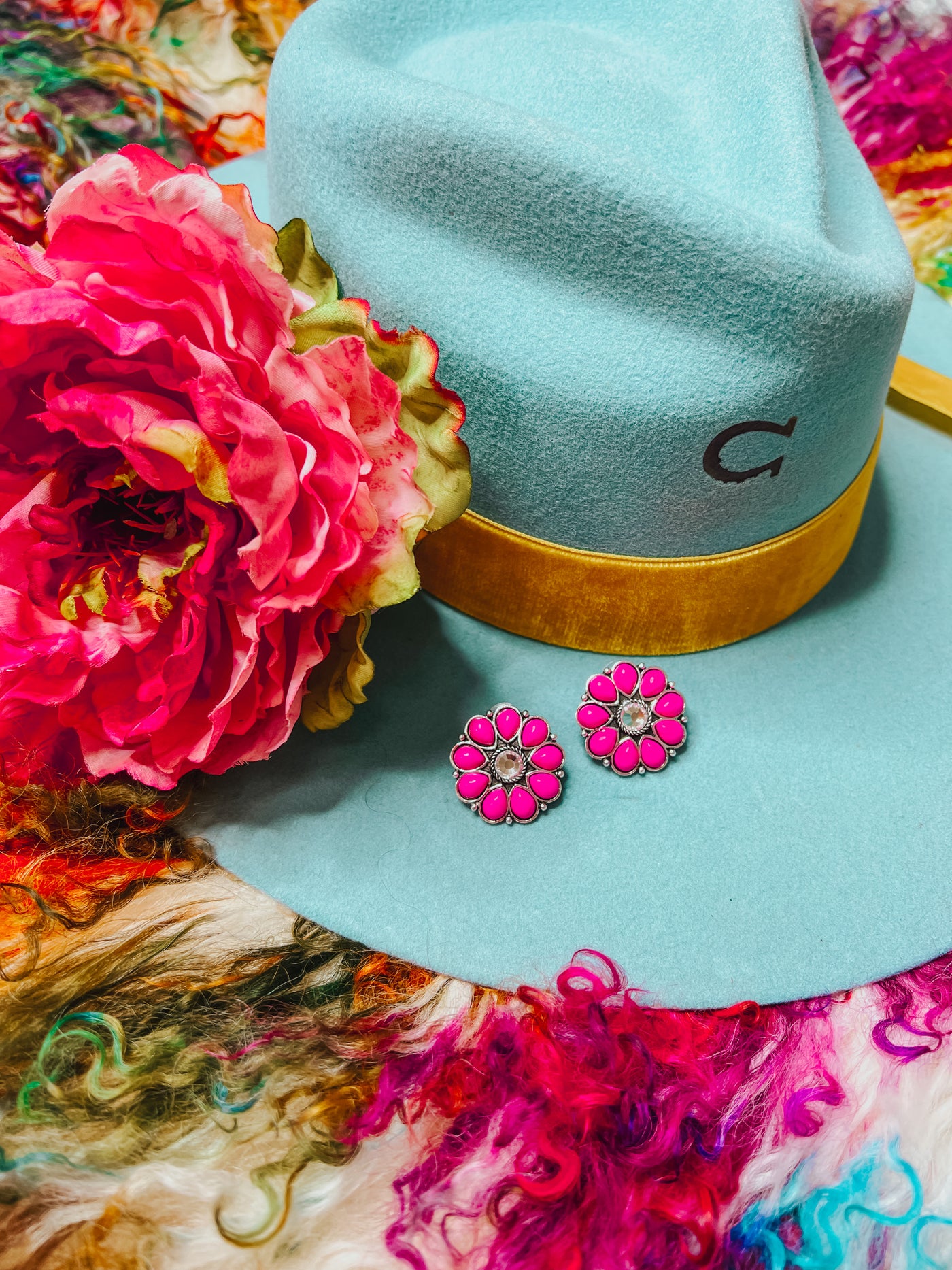 Pink and Rhinestone Flower Earrings