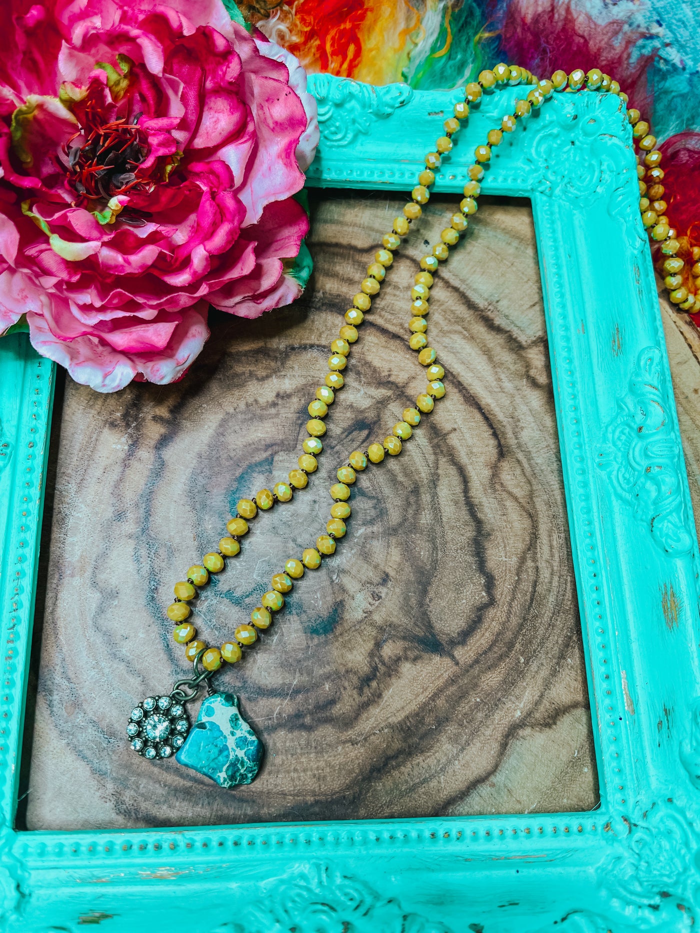 Mustard Beaded Necklace with Turquoise