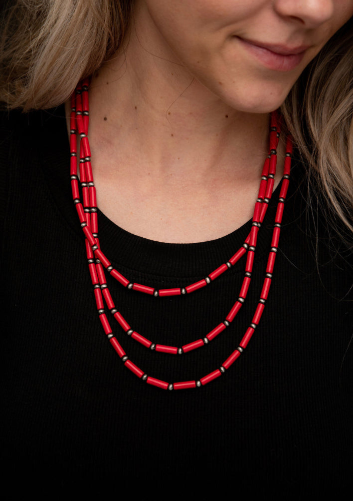 Three Strand Red Tube Necklace