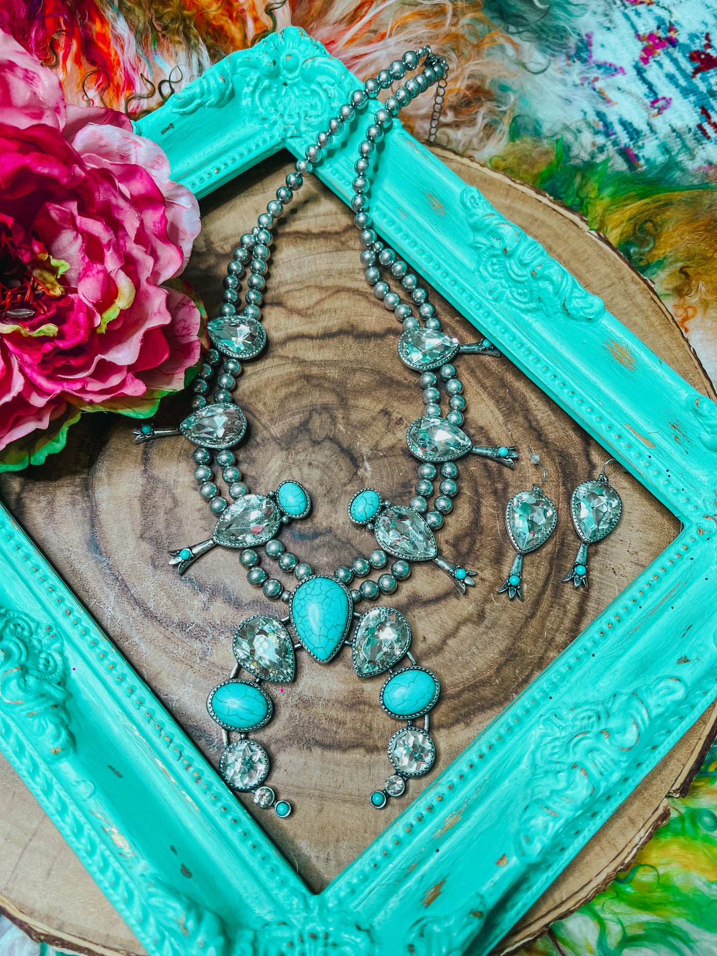 Bling & Turquoise Necklace & Earrings