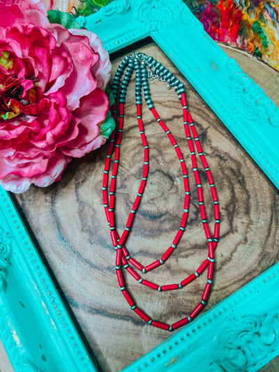 Three Strand Red Tube Necklace