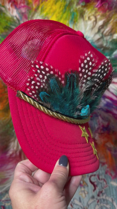 3D Starry Feathered Red Trucker Hat