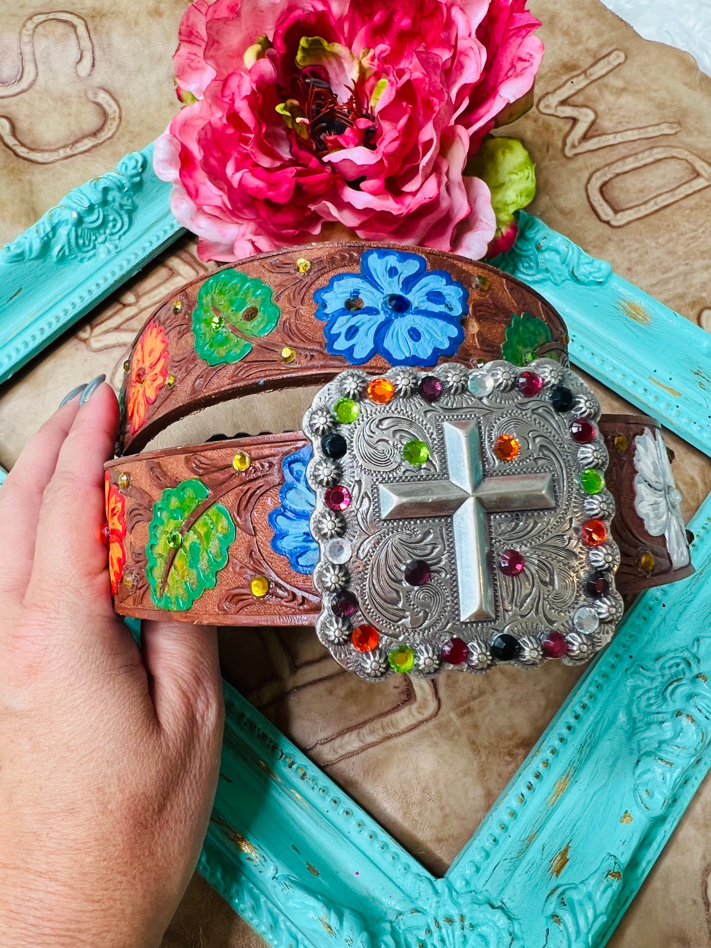 Hand Painted Flower Leather Belt